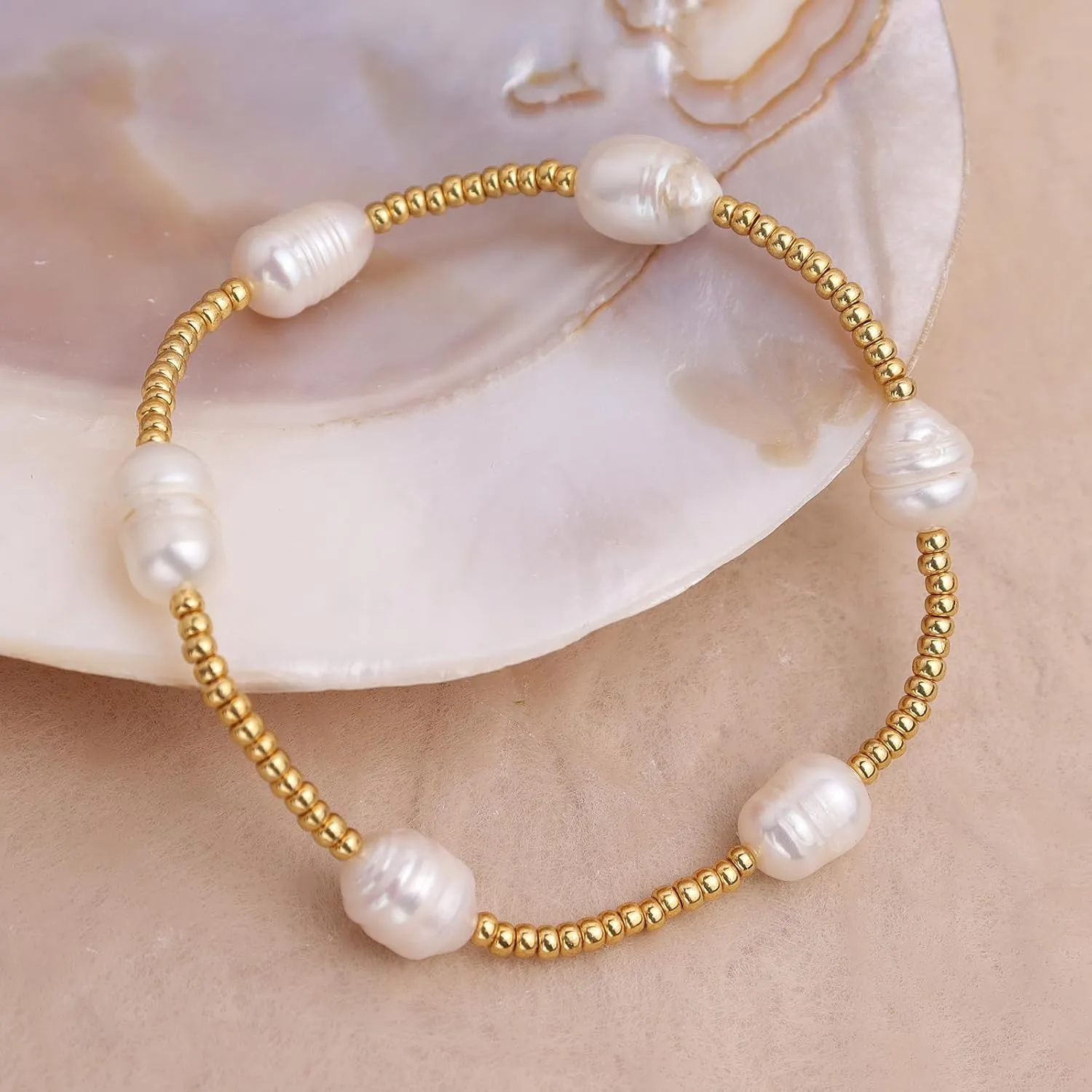 Gold beaded Pearl Heart Bracelets for Women, Cute Handmade Stackable Boho Beads Ball Friendship stretch Bracelet Summer Beach Jewelry Gift