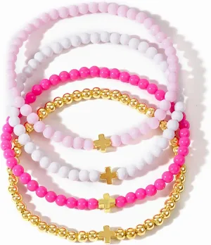 Gold Beads Stack Bracelets Set for Women, Cute Boho Handmade Pink White Beaded Stretch Bracelet Summer Beach Jewelry Gift.