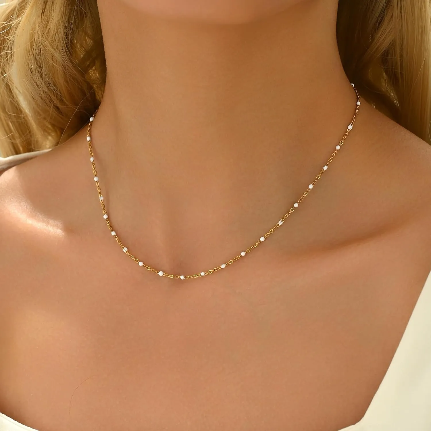 Gold Chain Necklace for Women Dainty 18K Gold Plated Thin Satellite Beaded Turquoise Necklace Simple Gold Boho Jewelry