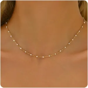 Gold Chain Necklace for Women Dainty 18K Gold Plated Thin Satellite Beaded Turquoise Necklace Simple Gold Boho Jewelry