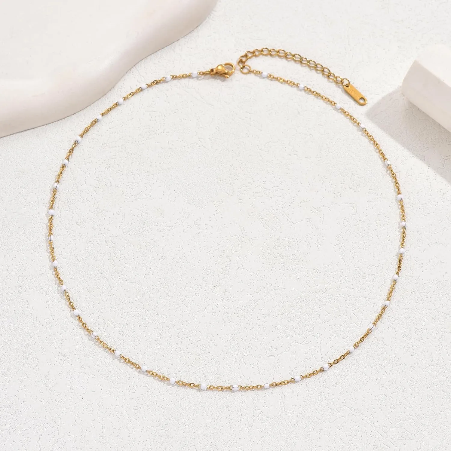 Gold Chain Necklace for Women Dainty 18K Gold Plated Thin Satellite Beaded Turquoise Necklace Simple Gold Boho Jewelry