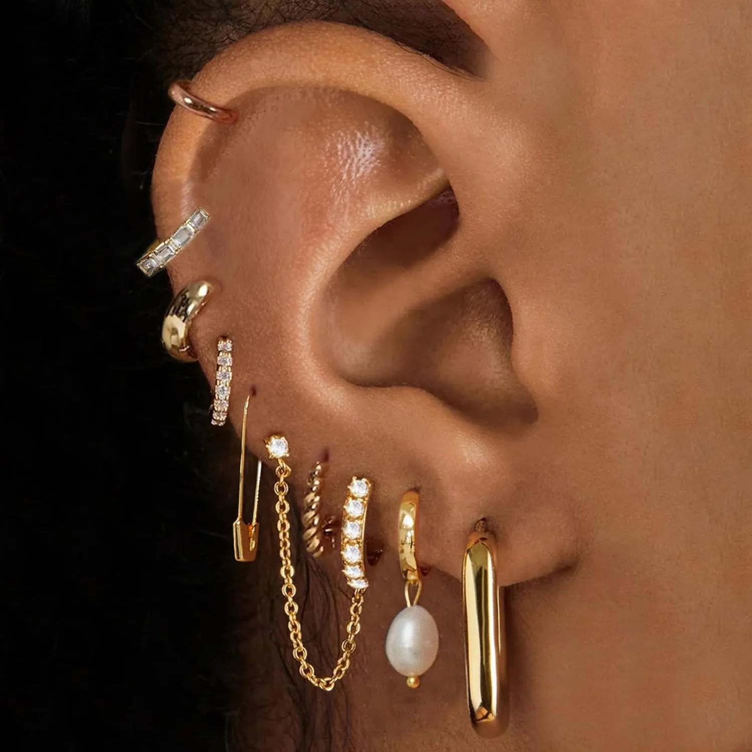 Gold Earrings Set for Women, 14K Gold Plated Stud and Cartilage Earring Sets for Multiple Piercing, Hypoallergenic Stackable Small Gold Huggie Hoop Earrings for Women Jewelry