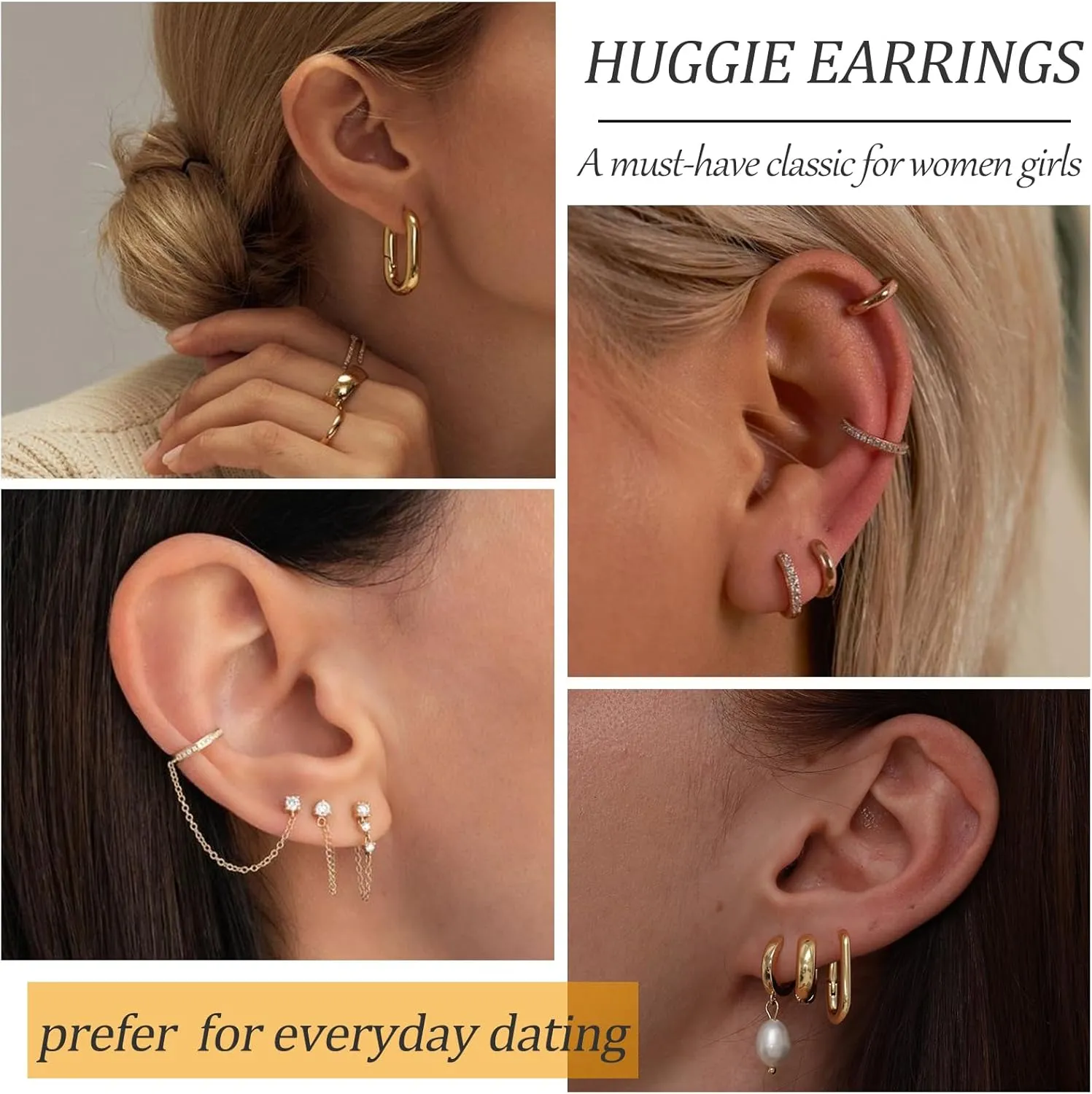 Gold Earrings Set for Women, 14K Gold Plated Stud and Cartilage Earring Sets for Multiple Piercing, Hypoallergenic Stackable Small Gold Huggie Hoop Earrings for Women Jewelry