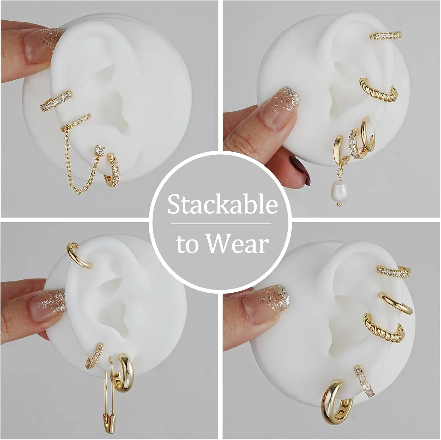 Gold Earrings Set for Women, 14K Gold Plated Stud and Cartilage Earring Sets for Multiple Piercing, Hypoallergenic Stackable Small Gold Huggie Hoop Earrings for Women Jewelry