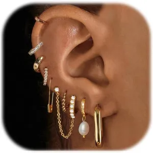 Gold Earrings Set for Women, 14K Gold Plated Stud and Cartilage Earring Sets for Multiple Piercing, Hypoallergenic Stackable Small Gold Huggie Hoop Earrings for Women Jewelry
