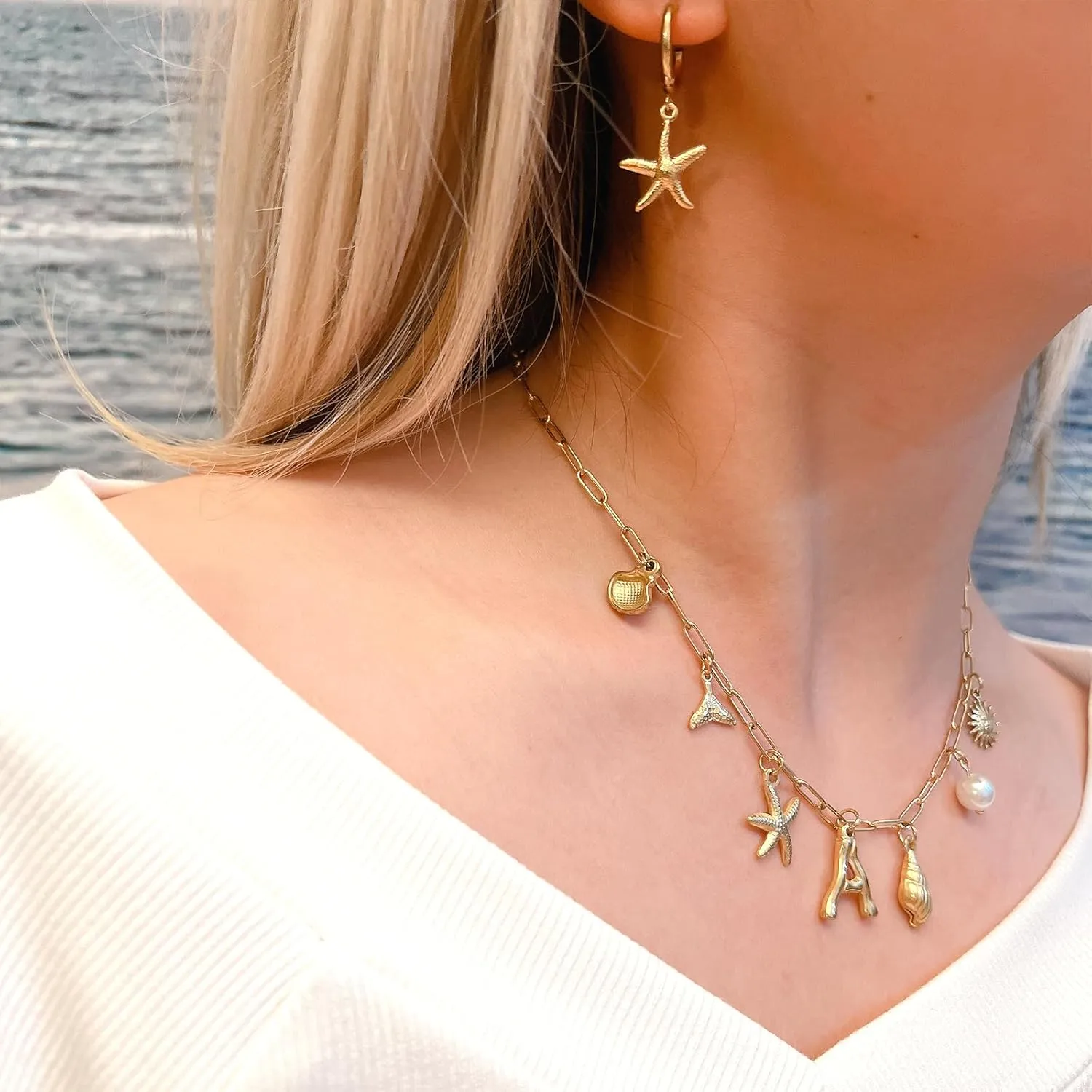 Gold Initial Charm Necklace for Women Gold Shell Starfish Necklace Summer Beach Charms Necklaces for Women Beach Jewelry Gift