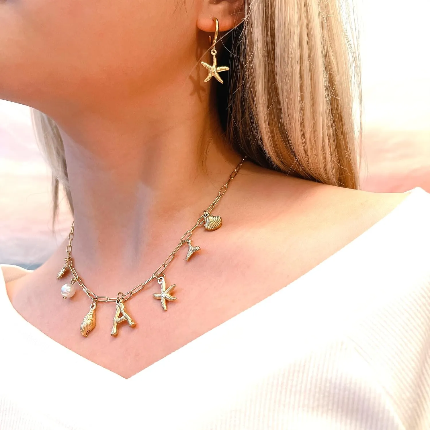 Gold Initial Charm Necklace for Women Gold Shell Starfish Necklace Summer Beach Charms Necklaces for Women Beach Jewelry Gift