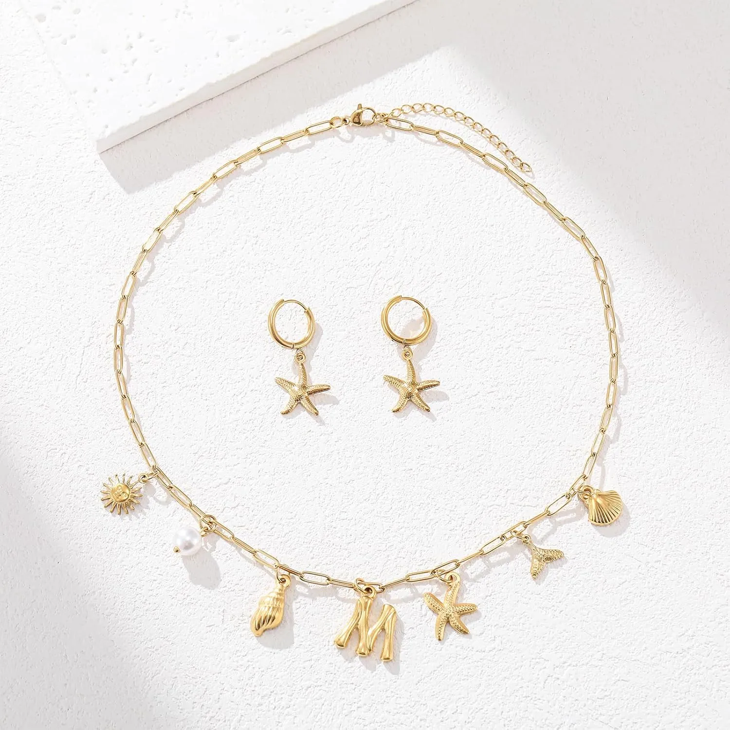Gold Initial Charm Necklace for Women Gold Shell Starfish Necklace Summer Beach Charms Necklaces for Women Beach Jewelry Gift