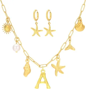 Gold Initial Charm Necklace for Women Gold Shell Starfish Necklace Summer Beach Charms Necklaces for Women Beach Jewelry Gift
