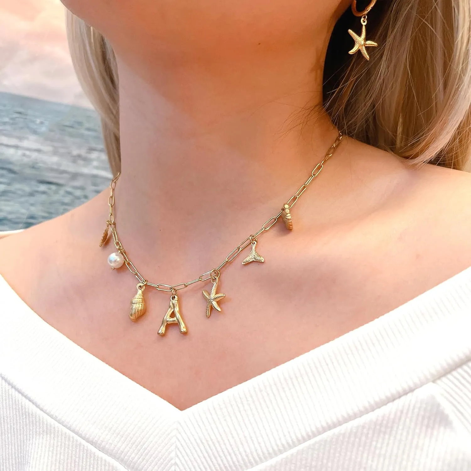 Gold Initial Charm Necklace for Women Gold Shell Starfish Necklace Summer Beach Charms Necklaces for Women Beach Jewelry Gift