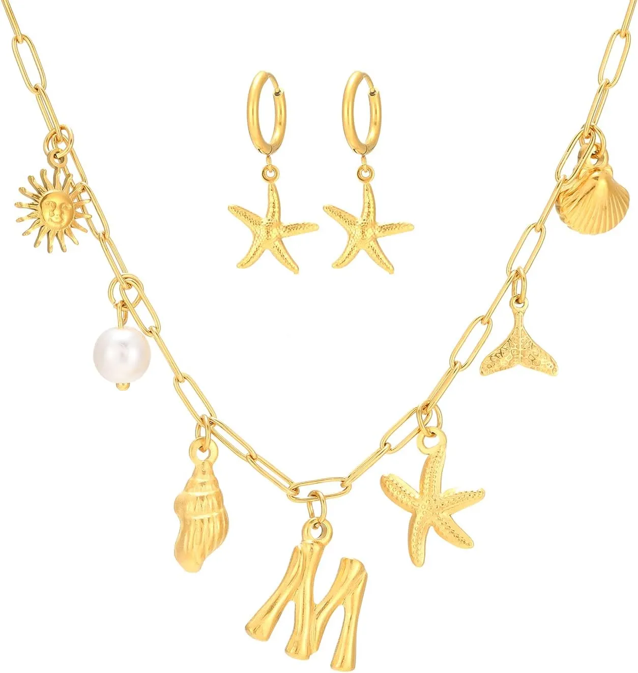 Gold Initial Charm Necklace for Women Gold Shell Starfish Necklace Summer Beach Charms Necklaces for Women Beach Jewelry Gift