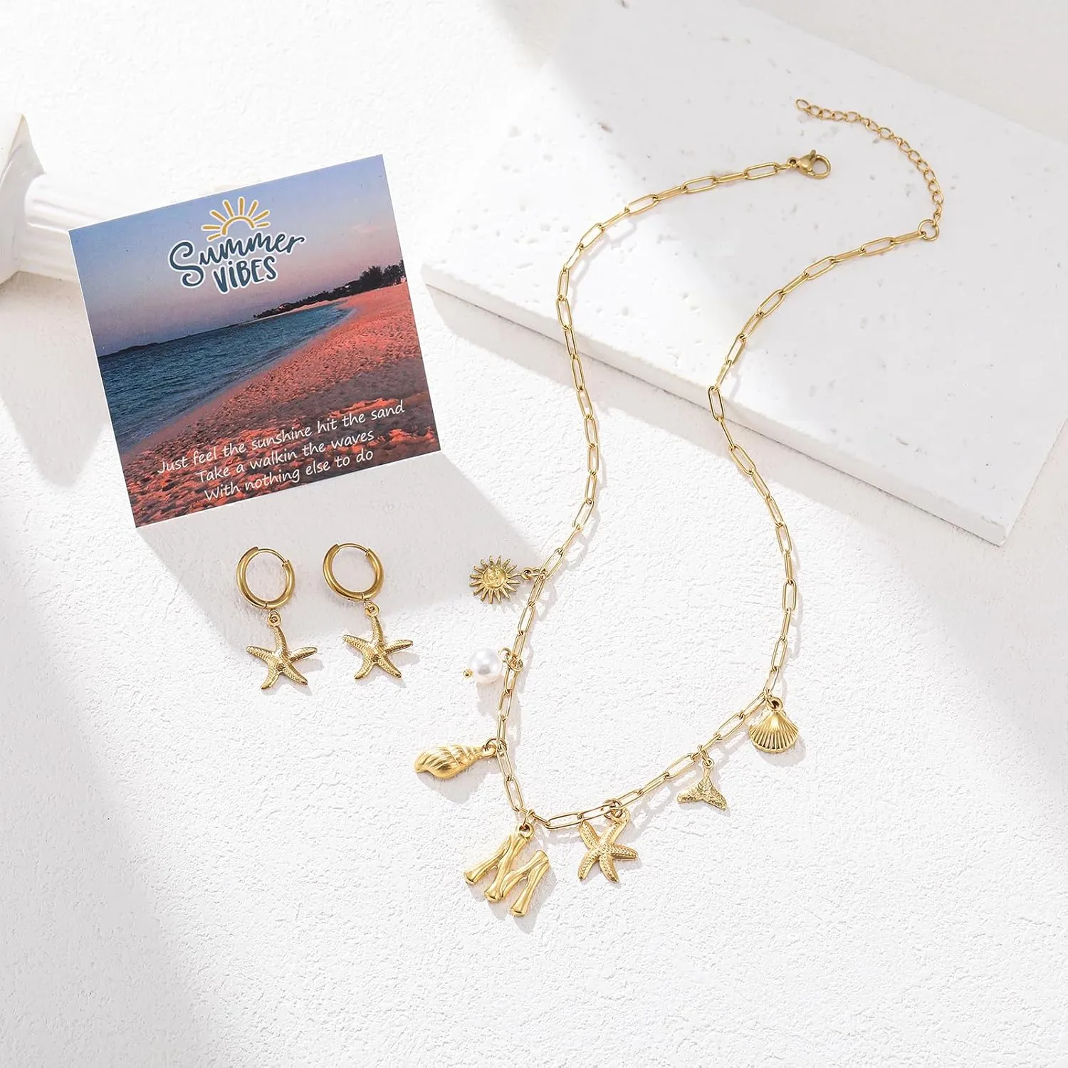 Gold Initial Charm Necklace for Women Gold Shell Starfish Necklace Summer Beach Charms Necklaces for Women Beach Jewelry Gift