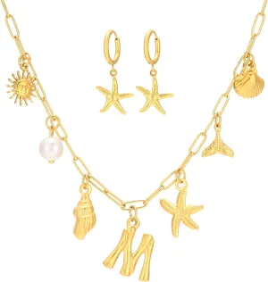 Gold Initial Charm Necklace for Women Gold Shell Starfish Necklace Summer Beach Charms Necklaces for Women Beach Jewelry Gift