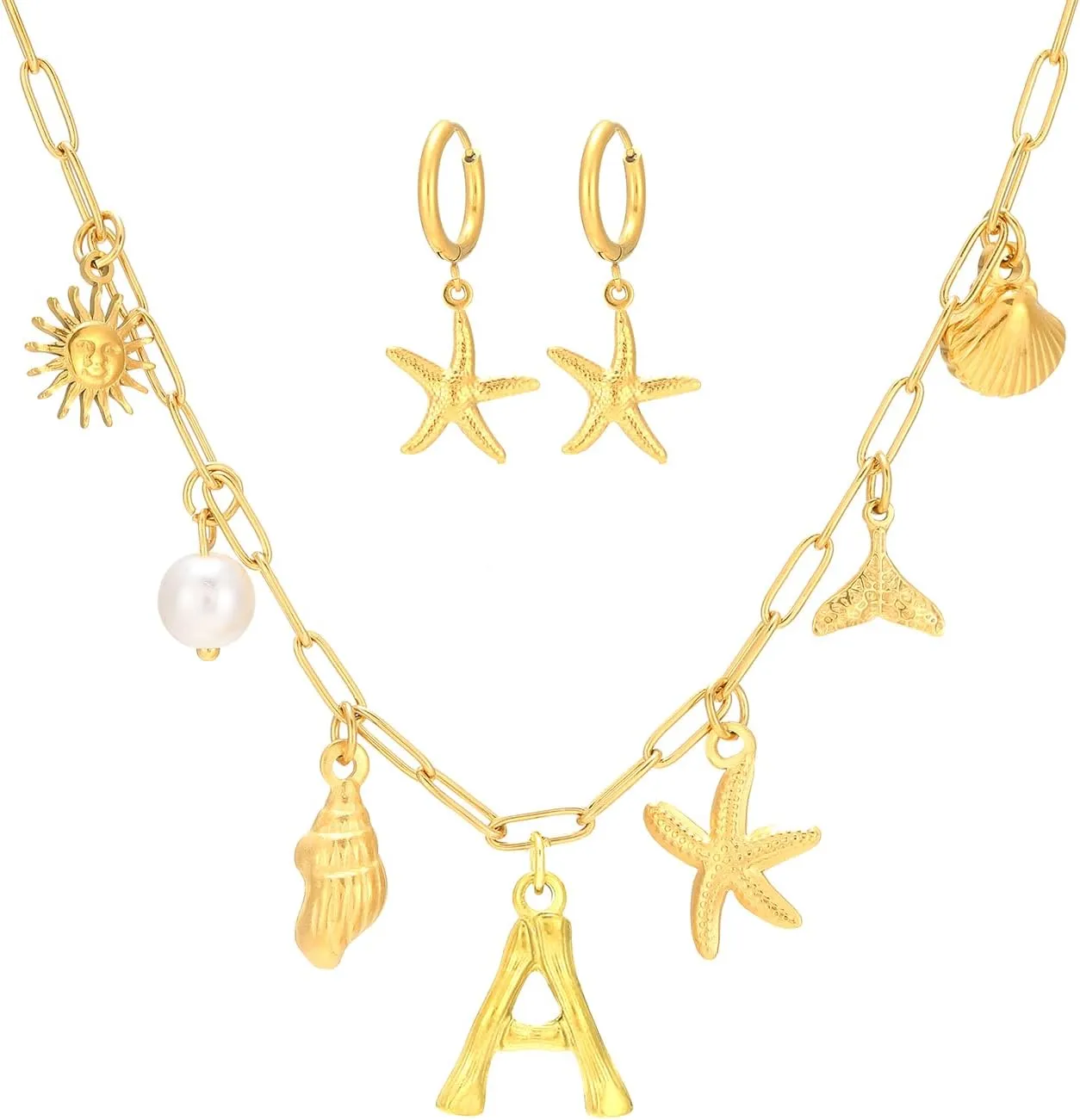 Gold Initial Charm Necklace for Women Gold Shell Starfish Necklace Summer Beach Charms Necklaces for Women Beach Jewelry Gift