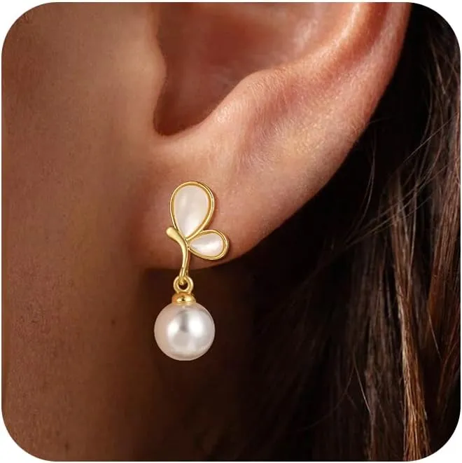 Gold Pearl Earrings for Women Dainty Cubic Zirconia Stud Trendy Jewelry