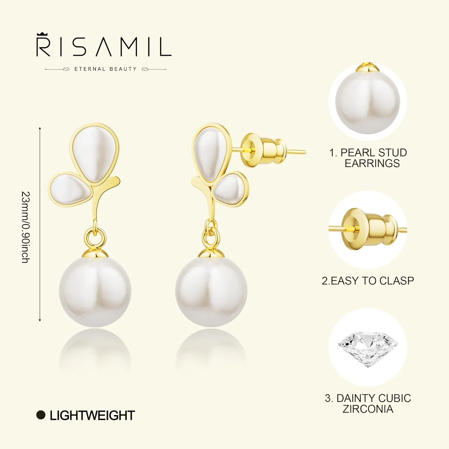 Gold Pearl Earrings for Women Dainty Cubic Zirconia Stud Trendy Jewelry