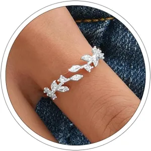 Gold Rings Non Tarnish Silver Adjustable Rings for Women Cubic Zirconia Leaf Ring Dainty Silver Stackable Ring for Women