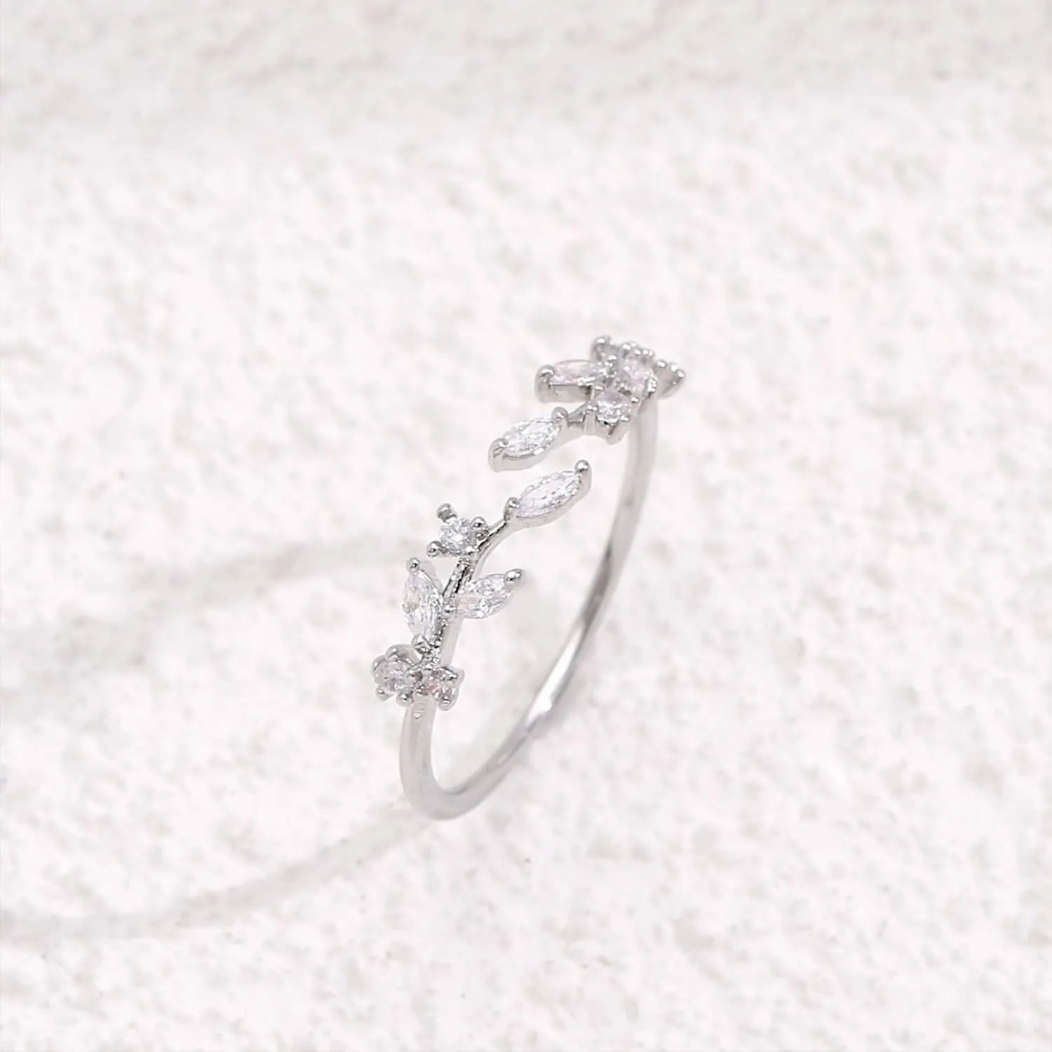 Gold Rings Non Tarnish Silver Adjustable Rings for Women Cubic Zirconia Leaf Ring Dainty Silver Stackable Ring for Women