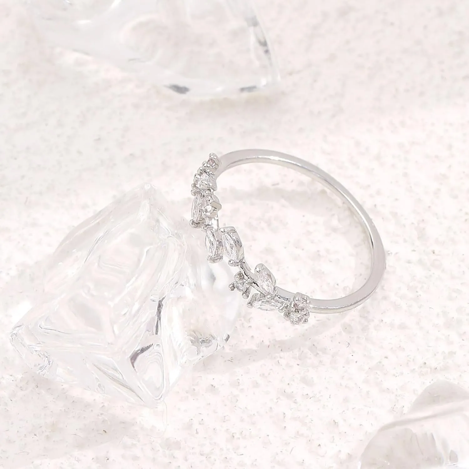 Gold Rings Non Tarnish Silver Adjustable Rings for Women Cubic Zirconia Leaf Ring Dainty Silver Stackable Ring for Women
