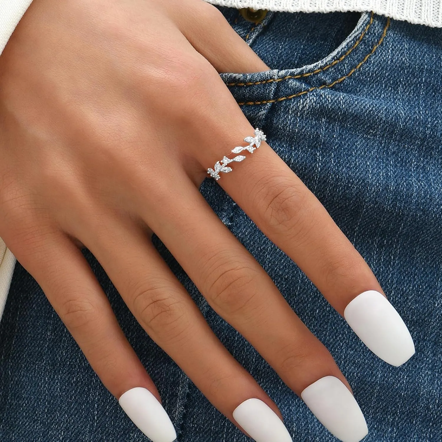 Gold Rings Non Tarnish Silver Adjustable Rings for Women Cubic Zirconia Leaf Ring Dainty Silver Stackable Ring for Women