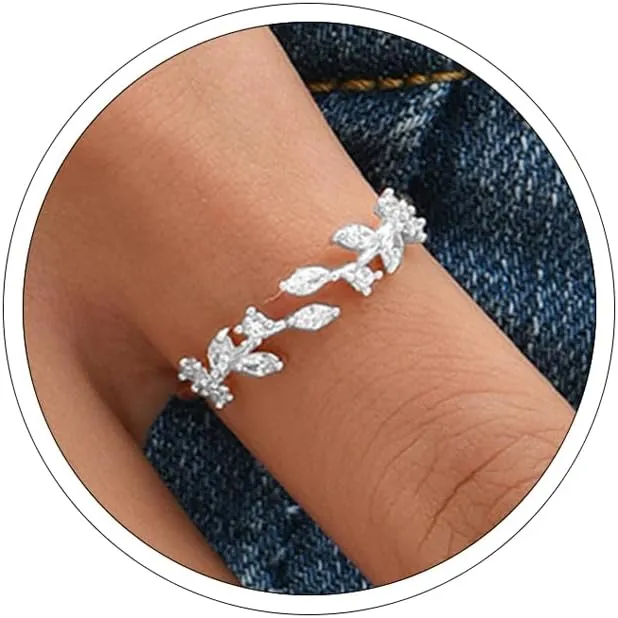 Gold Rings Non Tarnish Silver Adjustable Rings for Women Cubic Zirconia Leaf Ring Dainty Silver Stackable Ring for Women