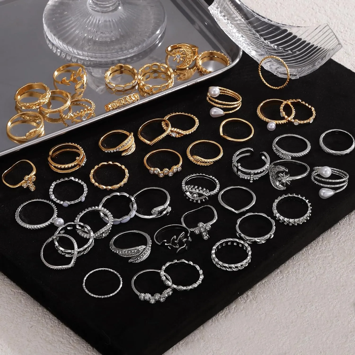 Gold Silver Knuckle Rings Set for Women, Stackable Rings Bohemian Crystal Hollow Carved Flowers Joint Finger Rings Pack Fashion Jewelry Gifts for Her