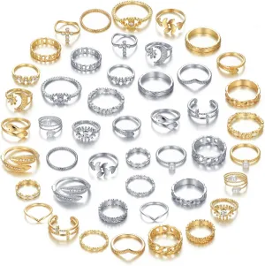 Gold Silver Knuckle Rings Set for Women, Stackable Rings Bohemian Crystal Hollow Carved Flowers Joint Finger Rings Pack Fashion Jewelry Gifts for Her
