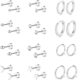 Gold Surgical Steel Flat Back Earring Sets for Multiple Piercing for Women, 925 Sterling Silver Small Huggie Hoop Earrings Hypoallergenic Tiny Titanium Cartilage Earring CZ Ball Studs
