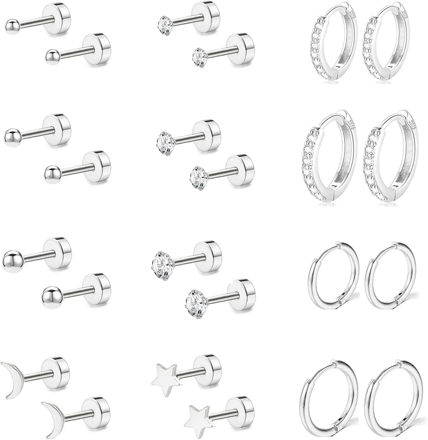Gold Surgical Steel Flat Back Earring Sets for Multiple Piercing for Women, 925 Sterling Silver Small Huggie Hoop Earrings Hypoallergenic Tiny Titanium Cartilage Earring CZ Ball Studs