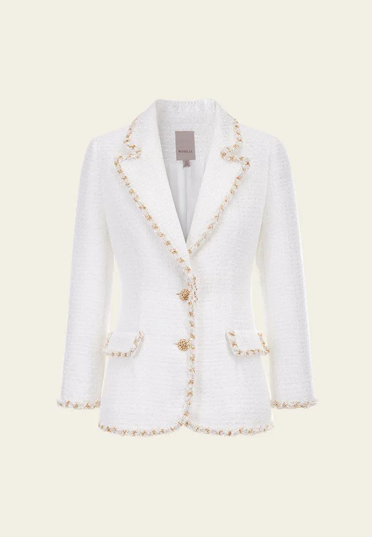 Gold-trimmed White Tweed Lapel Blazer