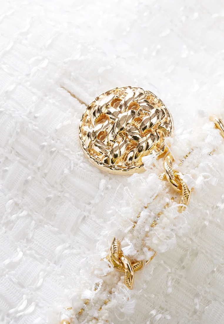 Gold-trimmed White Tweed Lapel Blazer