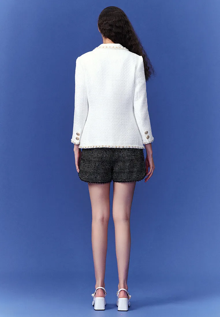 Gold-trimmed White Tweed Lapel Blazer