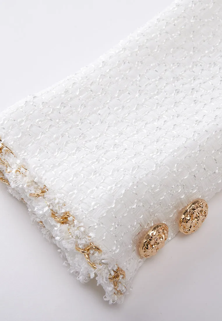 Gold-trimmed White Tweed Lapel Blazer