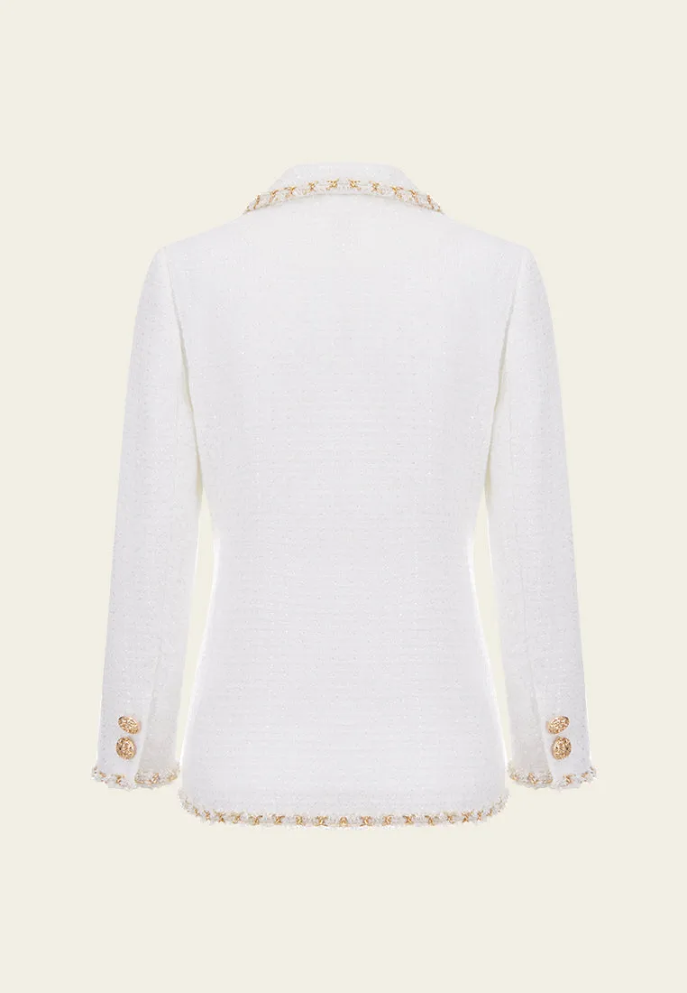 Gold-trimmed White Tweed Lapel Blazer