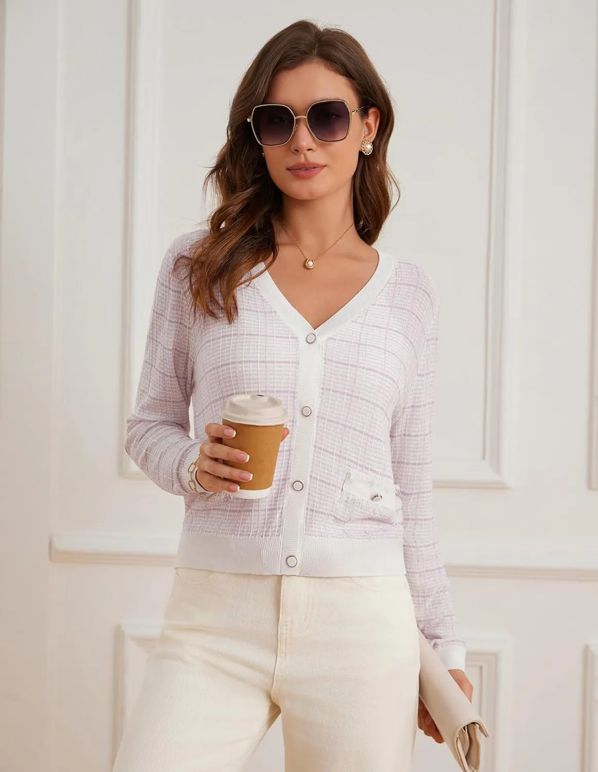 GRACE KARIN 2025 Women's Summer Cardigans Sweaters V-Neck Long Sleeve Button Down Lightweight Knit Cardigan