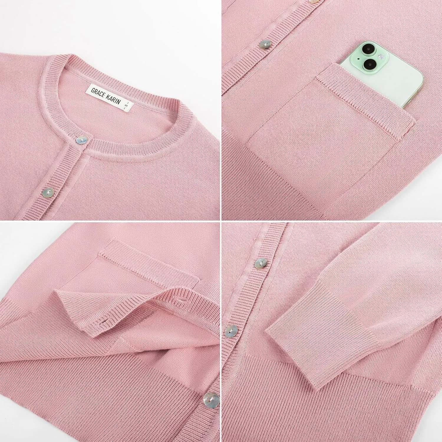 GRACE KARIN Women's Lightweight Cardigan Crew Neck Button Up Sweaters Long Sleeve Knit Cardigans with Pockets