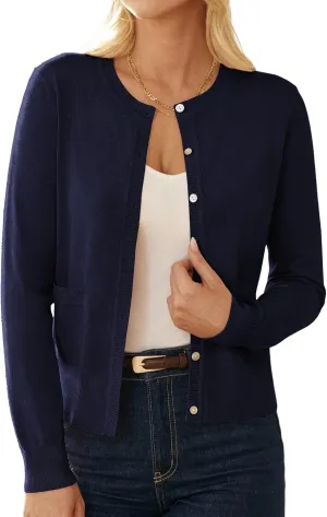 GRACE KARIN Women's Lightweight Cardigan Crew Neck Button Up Sweaters Long Sleeve Knit Cardigans with Pockets