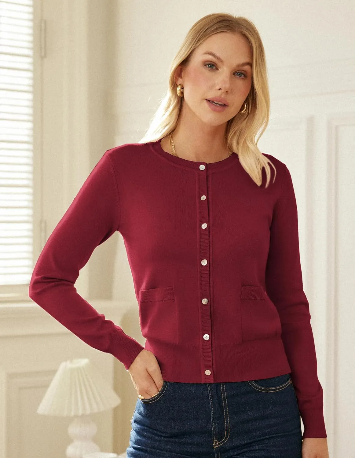 GRACE KARIN Women's Lightweight Cardigan Crew Neck Button Up Sweaters Long Sleeve Knit Cardigans with Pockets