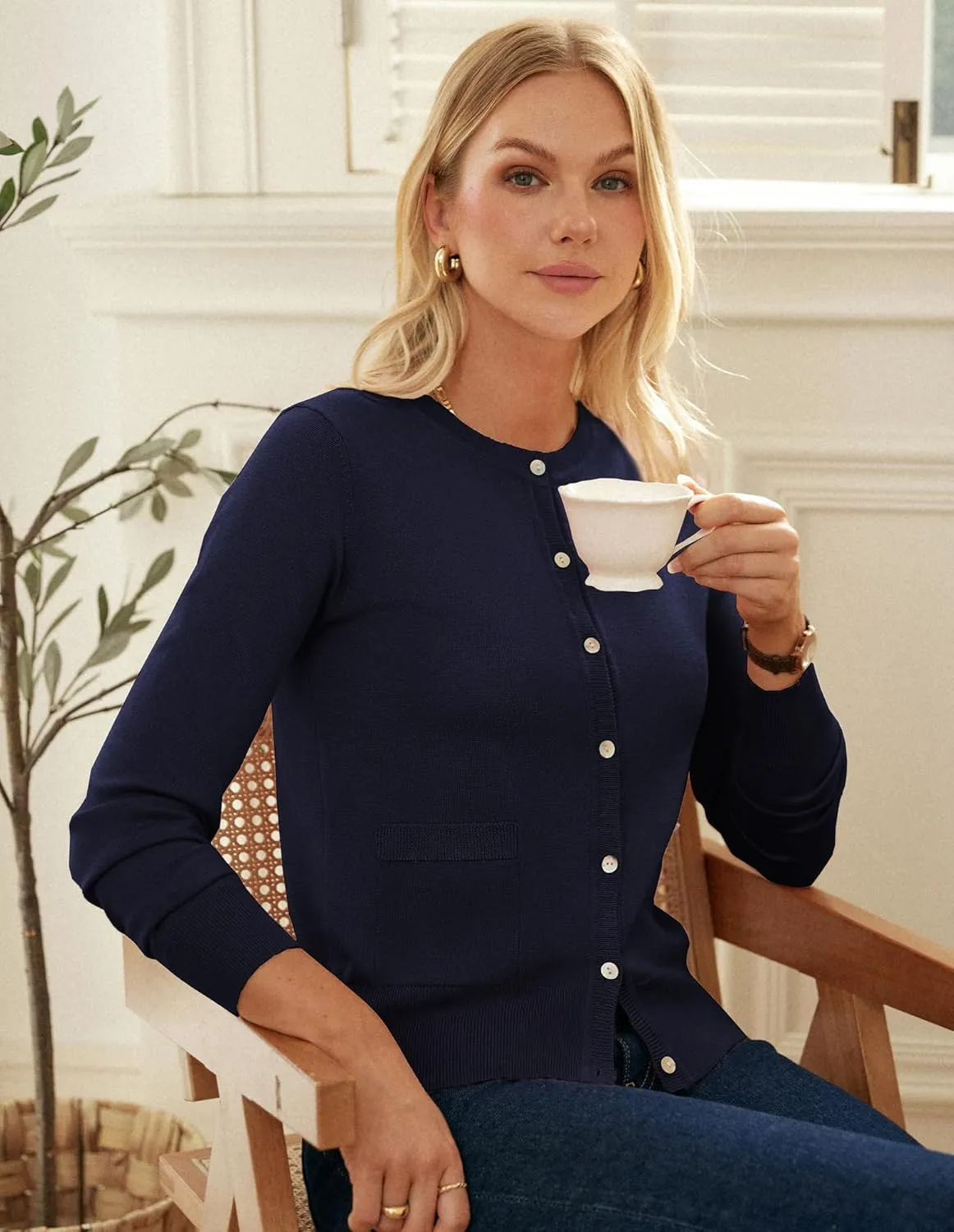 GRACE KARIN Women's Lightweight Cardigan Crew Neck Button Up Sweaters Long Sleeve Knit Cardigans with Pockets