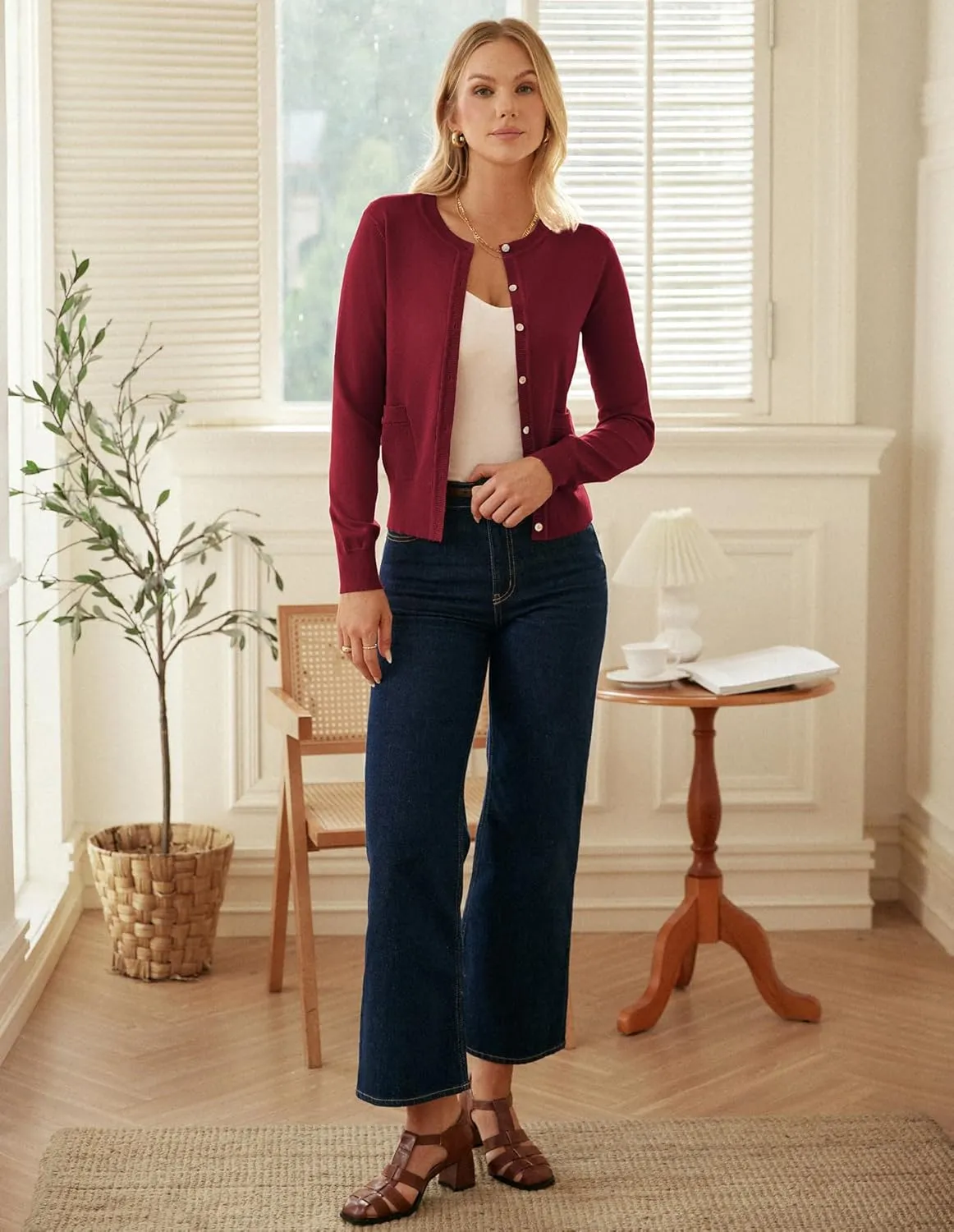 GRACE KARIN Women's Lightweight Cardigan Crew Neck Button Up Sweaters Long Sleeve Knit Cardigans with Pockets