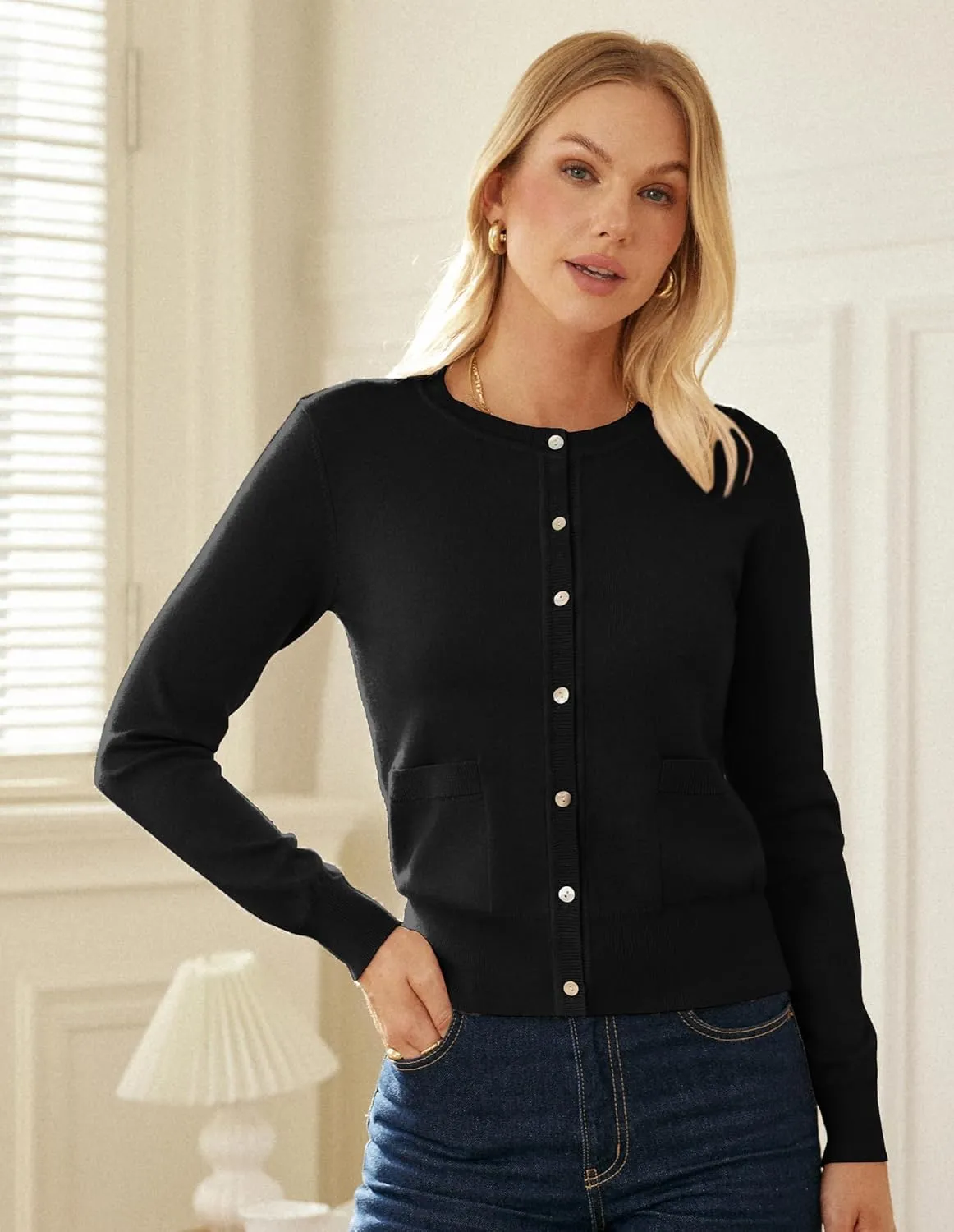 GRACE KARIN Women's Lightweight Cardigan Crew Neck Button Up Sweaters Long Sleeve Knit Cardigans with Pockets