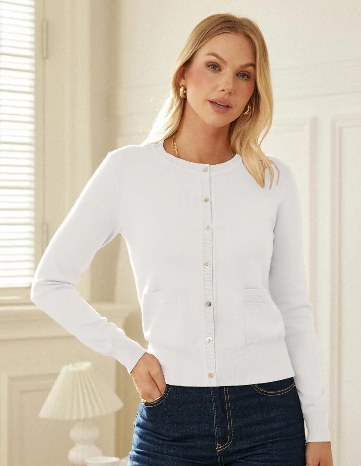 GRACE KARIN Women's Lightweight Cardigan Crew Neck Button Up Sweaters Long Sleeve Knit Cardigans with Pockets