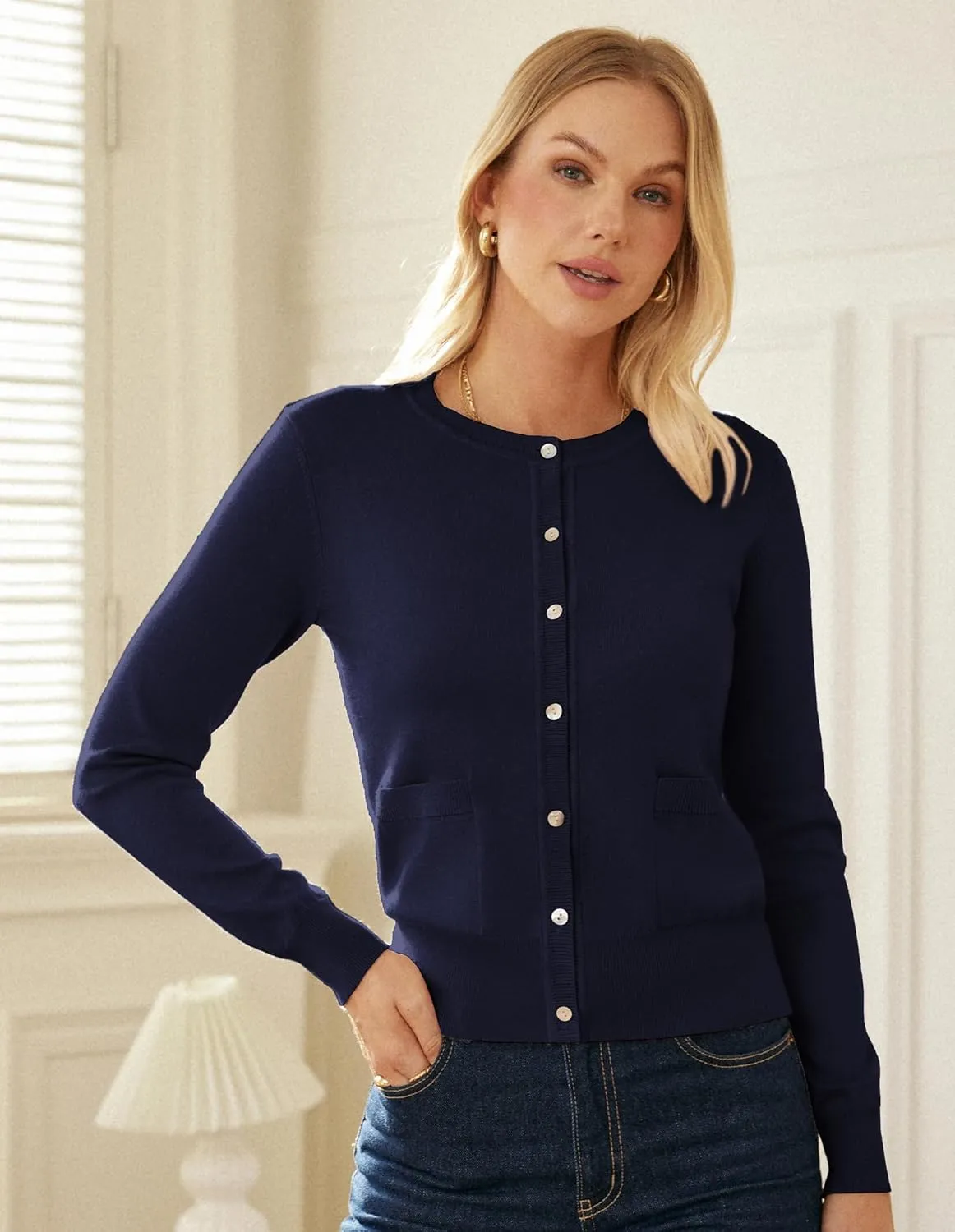 GRACE KARIN Women's Lightweight Cardigan Crew Neck Button Up Sweaters Long Sleeve Knit Cardigans with Pockets