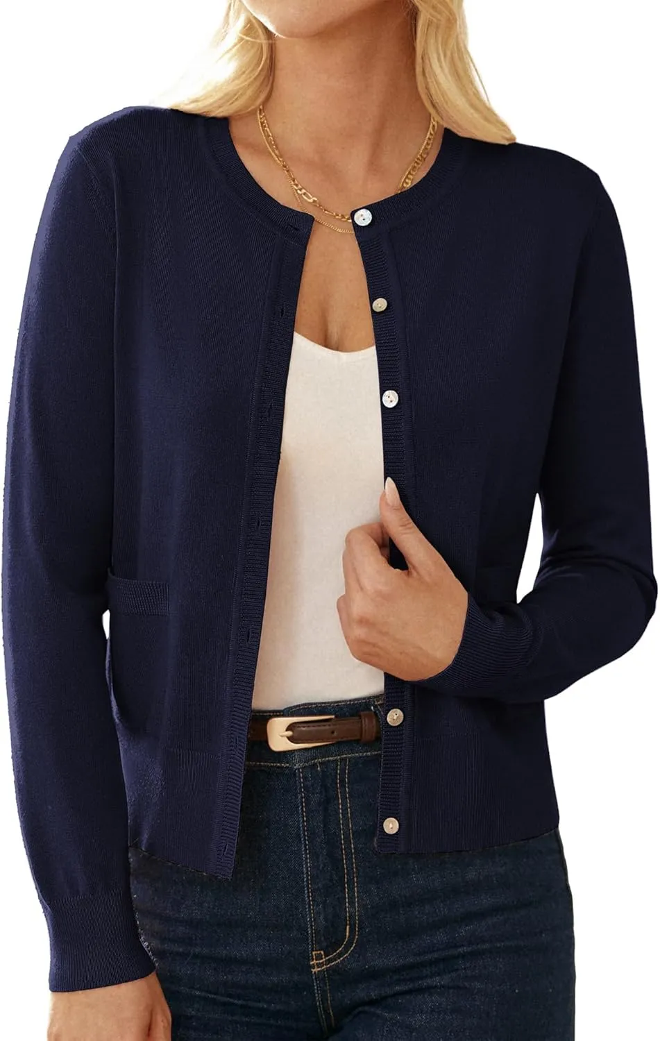 GRACE KARIN Women's Lightweight Cardigan Crew Neck Button Up Sweaters Long Sleeve Knit Cardigans with Pockets