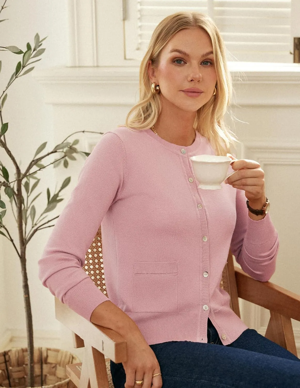 GRACE KARIN Women's Lightweight Cardigan Crew Neck Button Up Sweaters Long Sleeve Knit Cardigans with Pockets