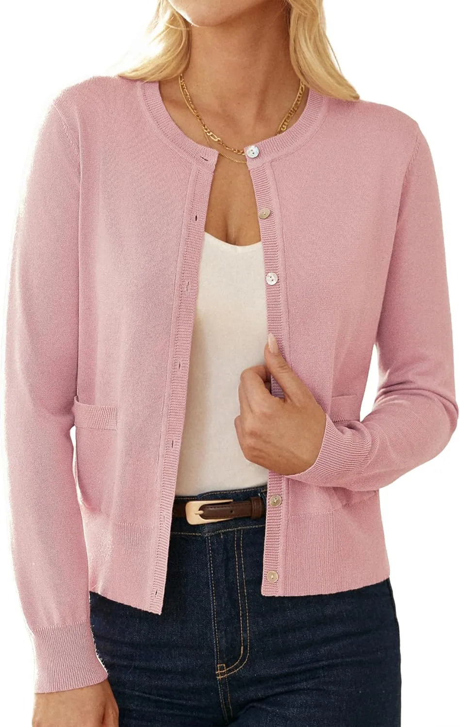 GRACE KARIN Women's Lightweight Cardigan Crew Neck Button Up Sweaters Long Sleeve Knit Cardigans with Pockets