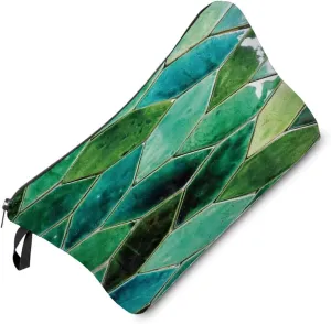 Green Leaf Geometric Makeup Bag Cute Small Makeup Organizer Bag Travel Toiletry Zipper Pouch 3D Green Geometric Leaf Cosmetic Bag Birthday Present for Women Friends