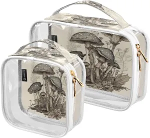 Grey Watercolor Mushrooms 2 Pieces Clear Makeup Cosmetic Bags for Traveling Vacation Organizing, Toiletry Bags for Women Men, PVC Waterproof Travel Organizer