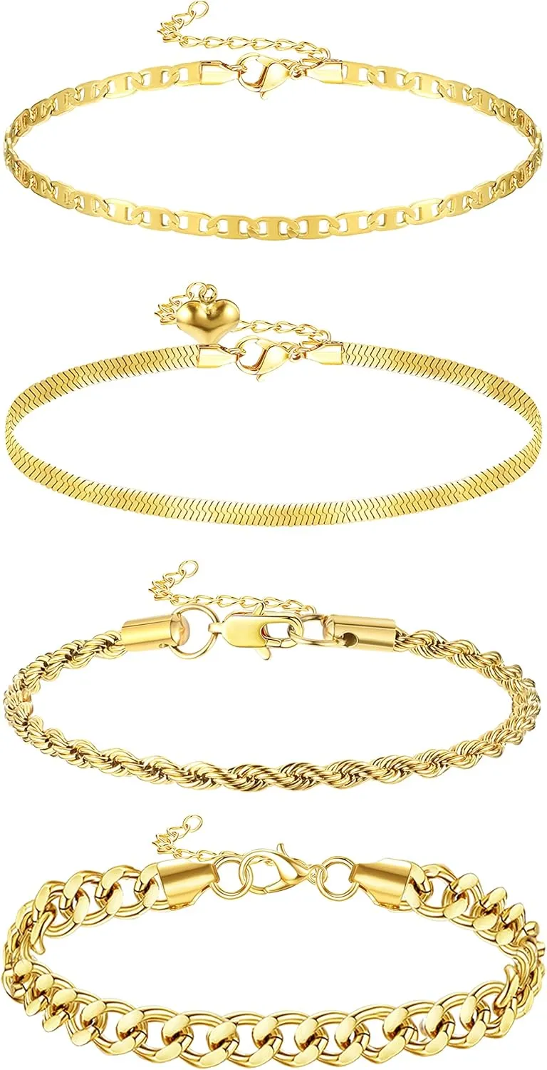 HANPABUM 3-4 PCS Stainless Steel Chain Anklet for Women Dainty Boho Tennis Ankle Bracelets Set Layered Link Paperclip Chain Anklet Adjustable Summer Beach Foot Jewelry