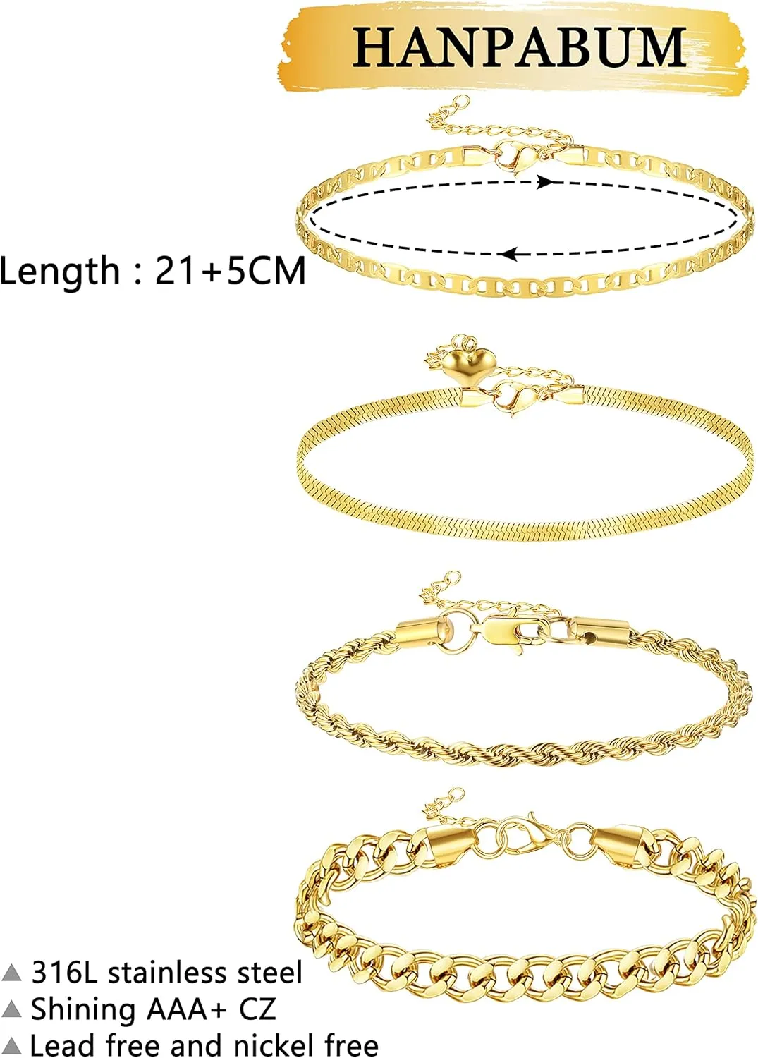 HANPABUM 3-4 PCS Stainless Steel Chain Anklet for Women Dainty Boho Tennis Ankle Bracelets Set Layered Link Paperclip Chain Anklet Adjustable Summer Beach Foot Jewelry